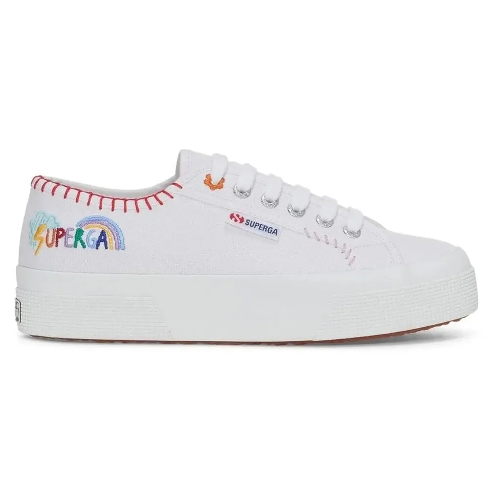 NEW Superga Happy Logo Womens White Sneakers. Colorful Embroidery Canvas Size 8 - Picture 6 of 11